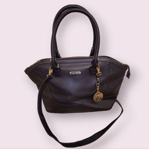 Anne Klein Large Black Satchel Double Top Handle Crossbody Purse with Gold
